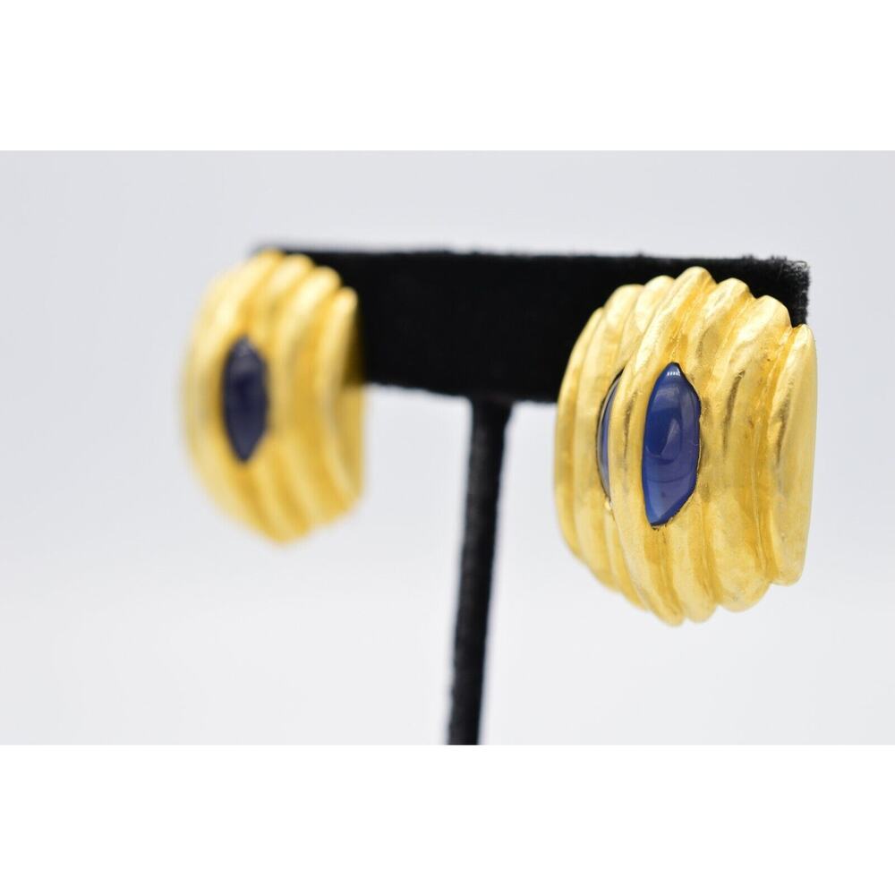 Givenchy Vintage Cabochon Clip On Earrings Brushed Gold Blue Chunky Signed BinX - Picture 2 of 12